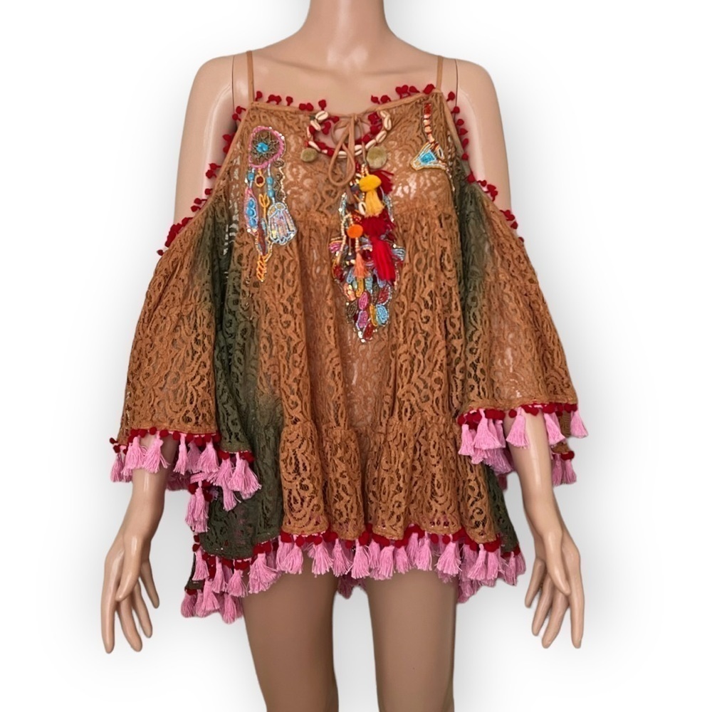 ANTICA SARTORIA Ombre Lace Beaded Tassle Southwestern Tunic NEW - Picture 2 of 15